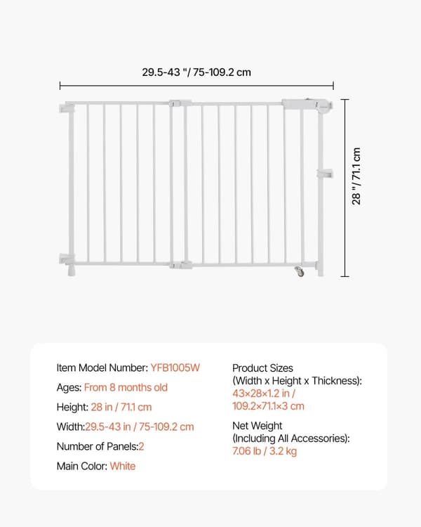 Babygate, Justerbar bredd 29,5-43 tum, Höjd 28 tum, Utan tröskel-design,VIT