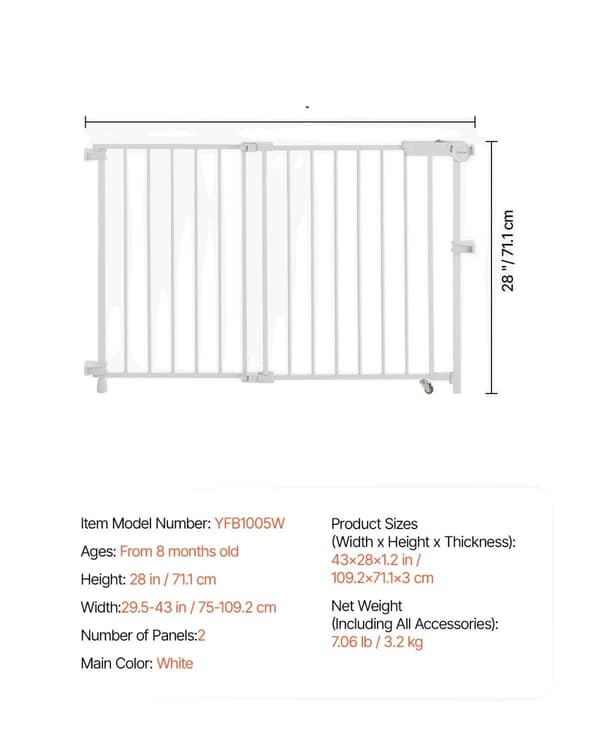 Babygate, Justerbar bredd 29,5-43 tum, Höjd 28 tum, Utan tröskel-design,VIT