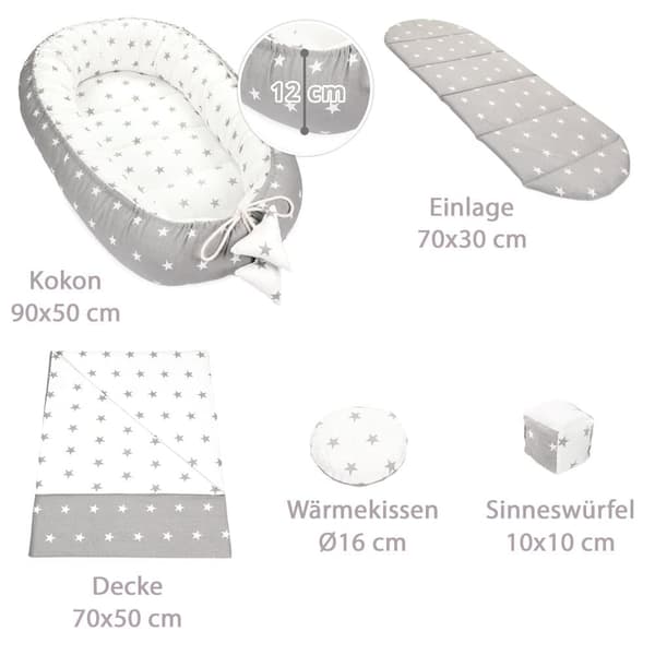 Babynest sæt nyfødt 90x50 cm bomuld - krammerede babynest 5-delt kokon stjerner grå hvid