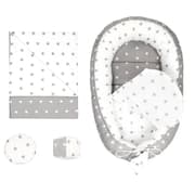 Babynest sæt nyfødt 90x50 cm bomuld - krammerede babynest 5-delt kokon stjerner grå hvid