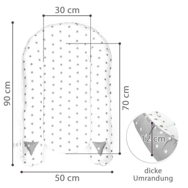 Babynest cocoon newborn 90 x 50 cm - håndlavet krammerede babynest lavet af bomuldsstjerner grå-hvid