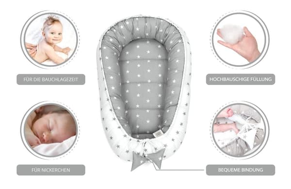 Babynest cocoon newborn 90 x 50 cm - håndlavet krammerede babynest lavet af bomuldsstjerner grå-hvid