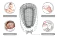 Miniatyrbillede 4 af 7: Babynest cocoon newborn 90 x 50 cm - håndlavet krammerede babynest lavet af bomuldsstjerner grå-hvid
