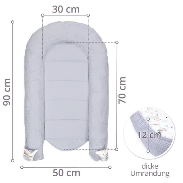 Babynest vastasyntyneen vauvan puskuri 90x50 cm - cocoon Käsintehty kaksipuolinen puuvillavohveli babynest kanin harmaalla