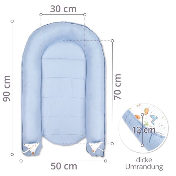 Babynest kokong nyfödd 90 x 50 cm - Handgjort mysbo babynest tillverkat av dinosaurieblå bomull