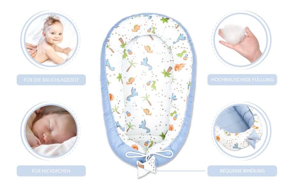 Babynest kokong nyfödd 90 x 50 cm - Handgjort mysbo babynest tillverkat av dinosaurieblå bomull
