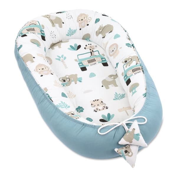 Babynest cocoon vastasyntynyt 90 x 50 cm - käsintehty pehmopesä puuvillasta Afrikansininen