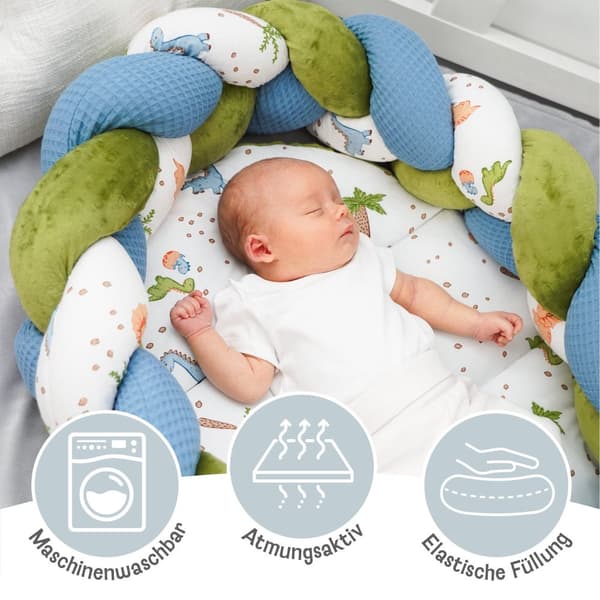 Babynest nyfödd babynest - mysbo med flätad kudde hopfällbar set tvåsidig babynest babysäng 75x45 cm, dinosaurie