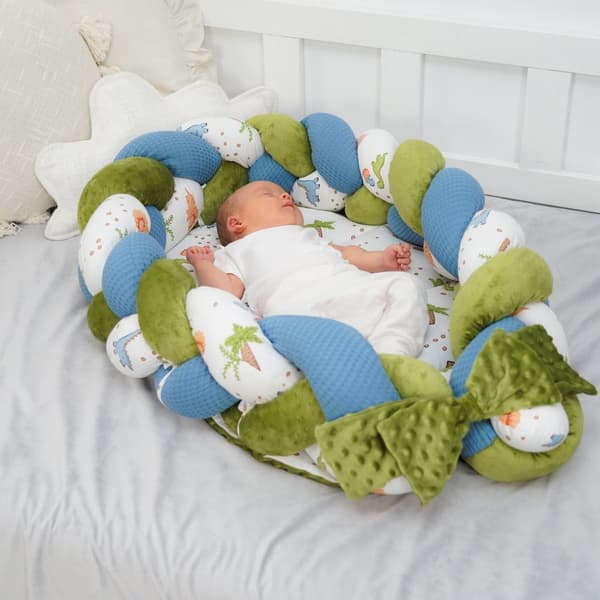 Babynest nyfödd babynest - mysbo med flätad kudde hopfällbar set tvåsidig babynest babysäng 75x45 cm, dinosaurie