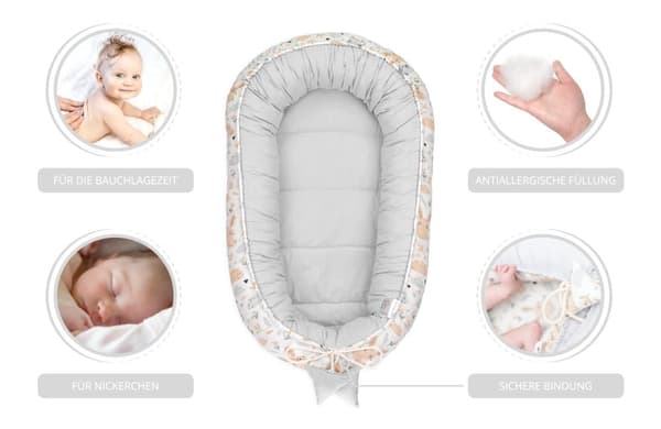 Babynest kokong nyfödd 90 x 50 cm - Handgjort mysbo babynest av bomullsugglor ljusgrå