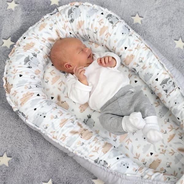 Babynest kokong nyfödd 90 x 50 cm - Handgjort mysbo babynest av bomullsugglor ljusgrå