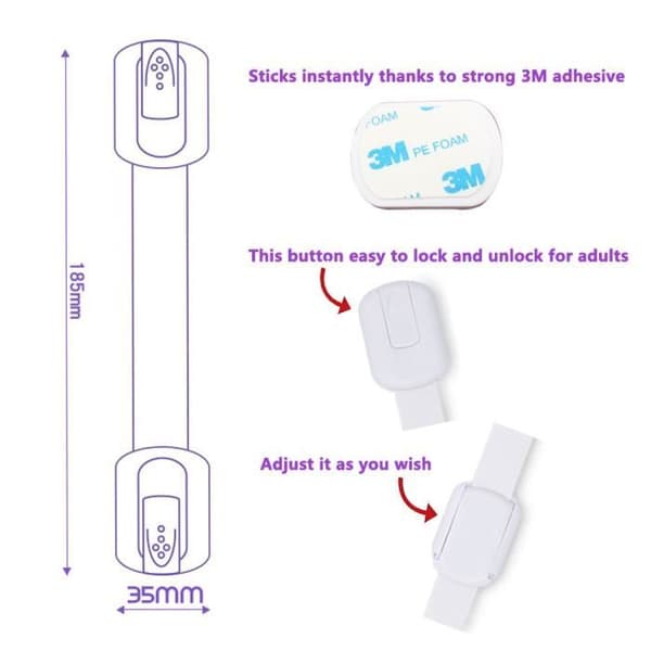 6x Multifunktionellt Baby Child Safety PVC-lås, använder 3M-lim med justerbar rem och låssystem -