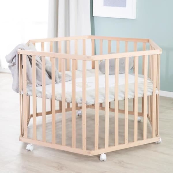 Hegaxonal Baby Lekhage - ROBA - LIEBHABEAR - Höjdjusterbar - Avtagbar bas - 6 Bromsade Hjul - Naturträ - Nallebjörnsmönster