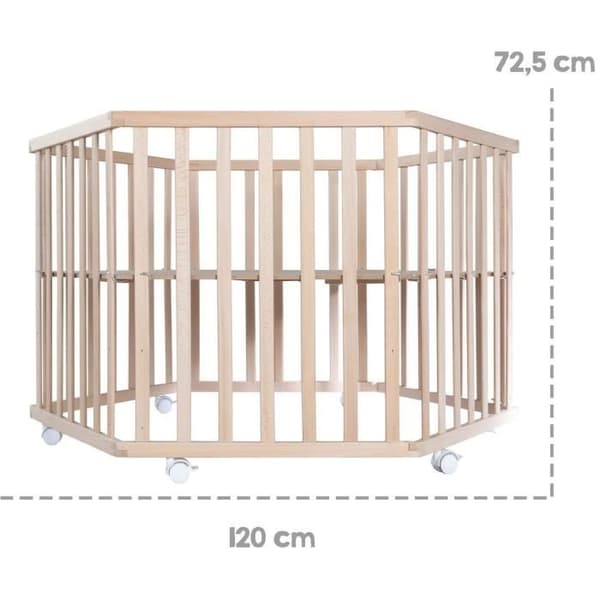 Hegaxonal Baby Lekhage - ROBA - LIEBHABEAR - Höjdjusterbar - Avtagbar bas - 6 Bromsade Hjul - Naturträ - Nallebjörnsmönster