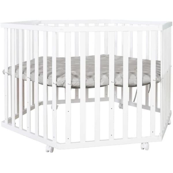ROBA LITTLE STARS Hegaxonal Baby Lekhage - Justerbar Höjd - Vadderat Överdrag - Bromsade Hjul - Vitlackerat Trä - Stjärnmönster