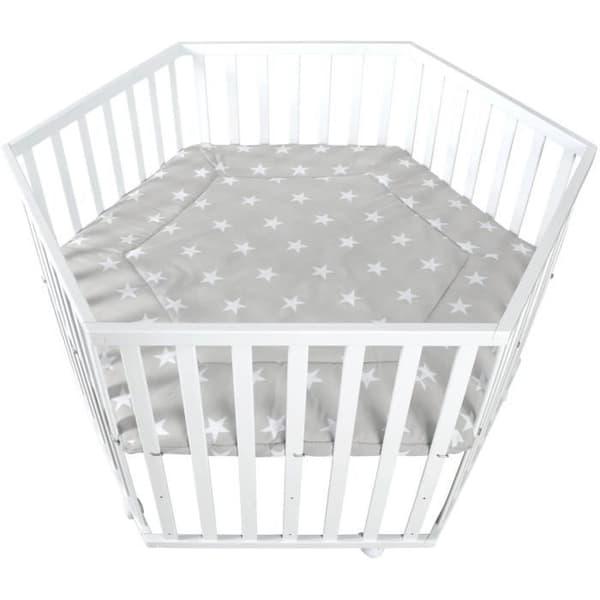 ROBA LITTLE STARS Hegaxonal Baby Lekhage - Justerbar Höjd - Vadderat Överdrag - Bromsade Hjul - Vitlackerat Trä - Stjärnmönster