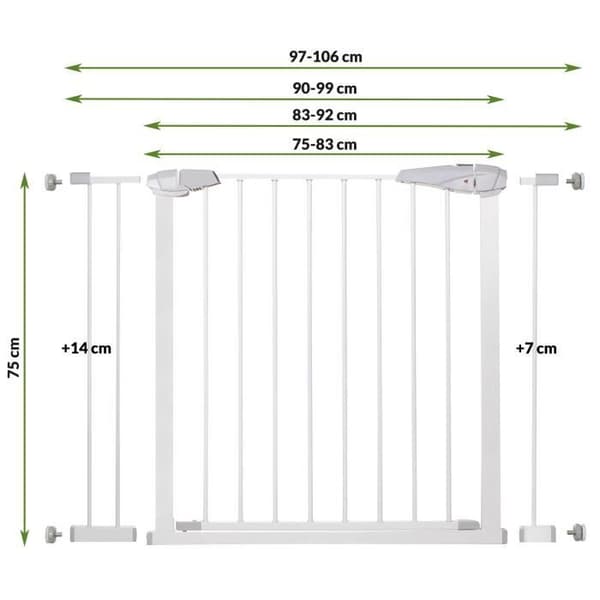 SPRINGOS® Baby Safety Gate - Trappor, Dörrar 76-92 cm - Metall + Plast - Självstängande - Vit