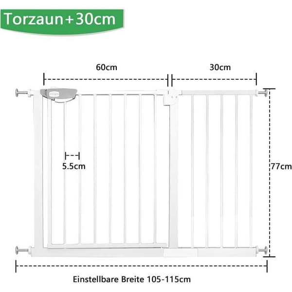 XMTECH Safety Gate - Justerbar 105-115 cm - Tvåvägsöppning - Ingen borrning - Vit