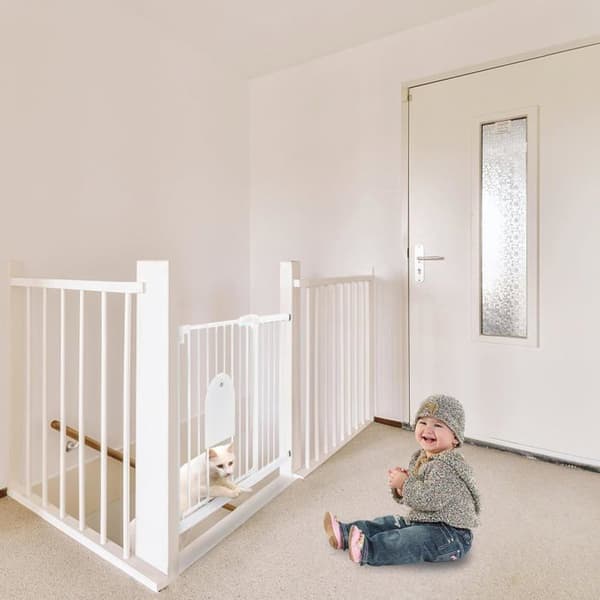 YUENFONG Stair Safety Gate, ingen borrning, med husdjursdörr, bredd 105-115 cm, vit