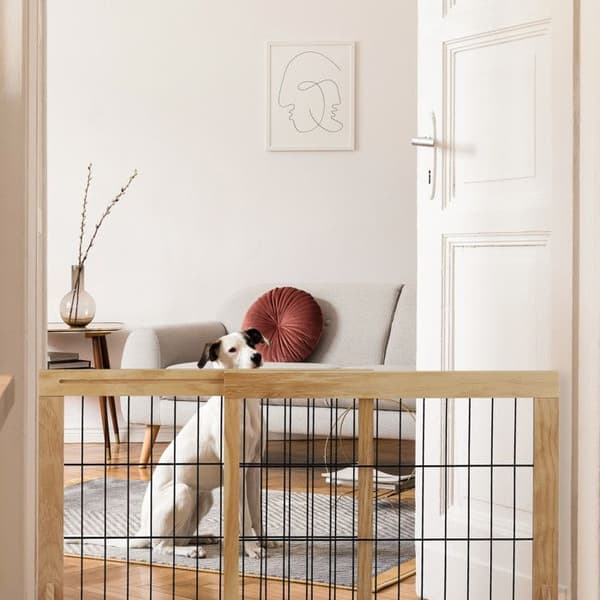 Relaxdays Säkerhetsbarriär, utdragbar, trappor och dörrar, HxB: ca 56x70-115 cm, för barn och hundar, natur
