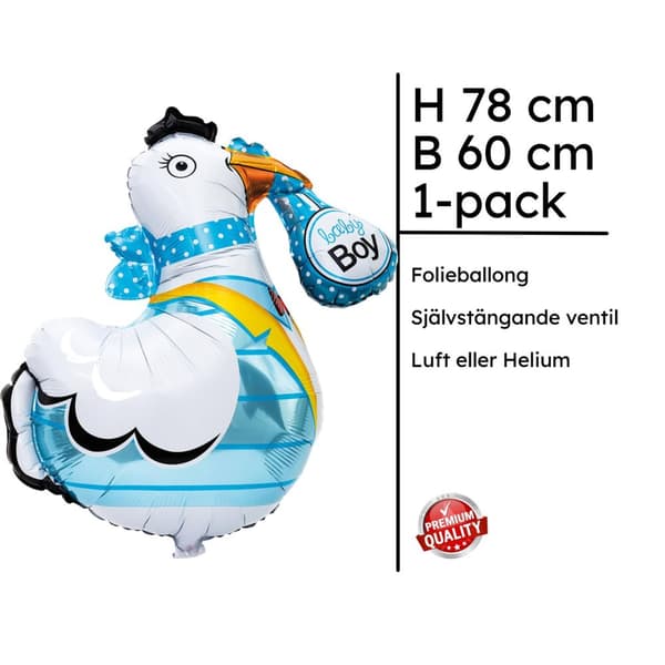 Folioilmapallo 'Baby Boy' Stork 78cm - Folioilmapallo vauvakutsuihin, ristiäisiin, vauvajuhliin ja vauvan tervetulotoivotukseen Teemapoika