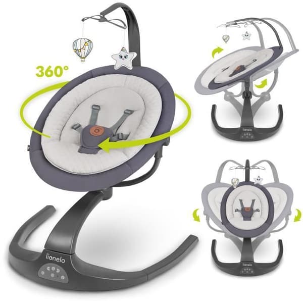 LIONELO Rina 2in1 gung och solstol - Grå - 360° vridbar sits - Automatisk gunga - 12 melodier