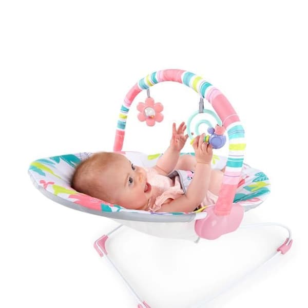 BRIGHT STARTS Pink Flamingo Baby Bouncer, lugnande vibrationer, Activity Arch med interaktiva leksaker
