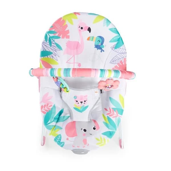 BRIGHT STARTS Pink Flamingo Baby Bouncer, lugnande vibrationer, Activity Arch med interaktiva leksaker