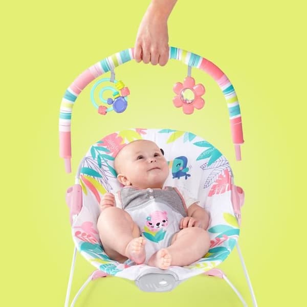 BRIGHT STARTS Pink Flamingo Baby Bouncer, lugnande vibrationer, Activity Arch med interaktiva leksaker