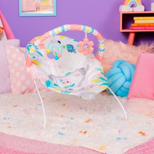 BRIGHT STARTS Pink Flamingo Baby Bouncer, lugnande vibrationer, Activity Arch med interaktiva leksaker