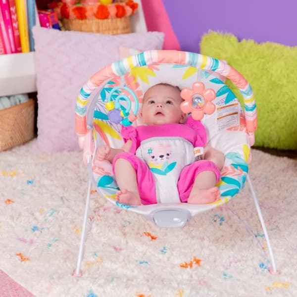 BRIGHT STARTS Pink Flamingo Baby Bouncer, lugnande vibrationer, Activity Arch med interaktiva leksaker