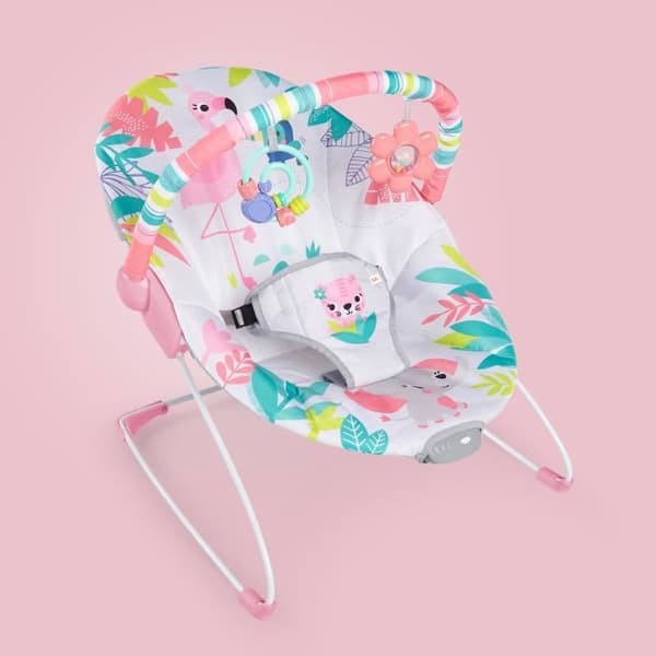 BRIGHT STARTS Pink Flamingo Baby Bouncer, lugnande vibrationer, Activity Arch med interaktiva leksaker