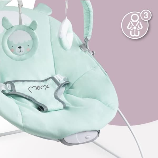MoMi GLOSSY Baby Bouncer - 8 melodier - 3 vibrationslägen - leksaksbåge - Mintfärgad lama