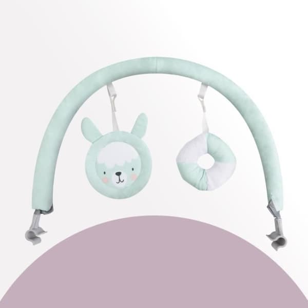 MoMi GLOSSY Baby Bouncer - 8 melodier - 3 vibrationslägen - leksaksbåge - Mintfärgad lama