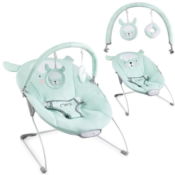 MoMi GLOSSY Baby Bouncer - 8 melodier - 3 vibrationslägen - leksaksbåge - Mintfärgad lama