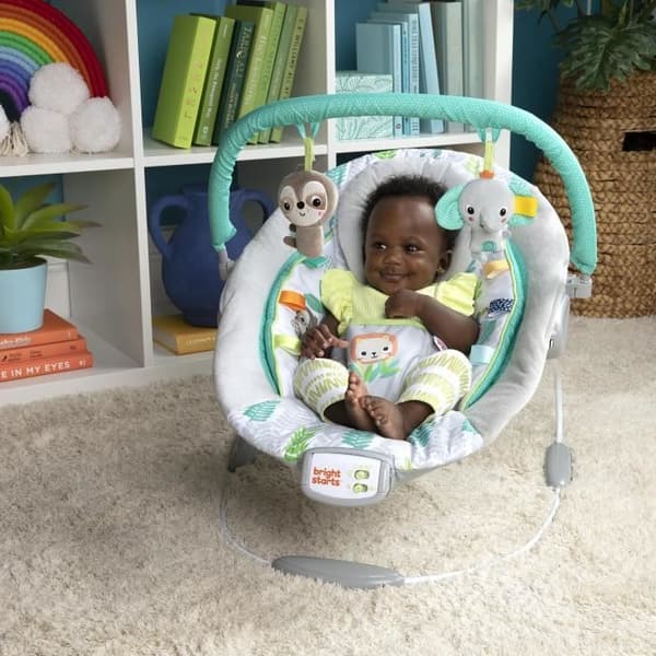 BRIGHT STARTS Jungle Vines Baby Bouncer, lugnande vibrationer, avtagbar leksaksstång, upp till 9 månader