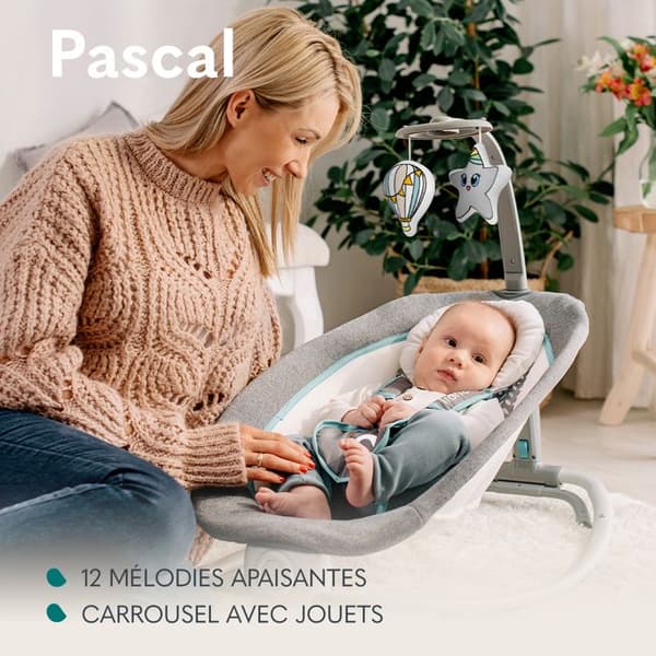 Balansäng Transat LIONELO Pascal - 12 melodier - Vibrationer - Kompakt sammanläggning - Grå/Vit