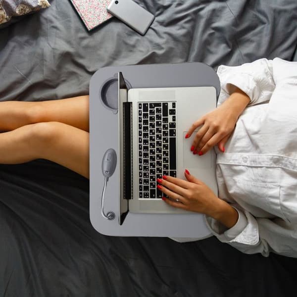 Relaxdays Laptop Lap Bordsställ Dator LED-lampa Mugghållare, Grå