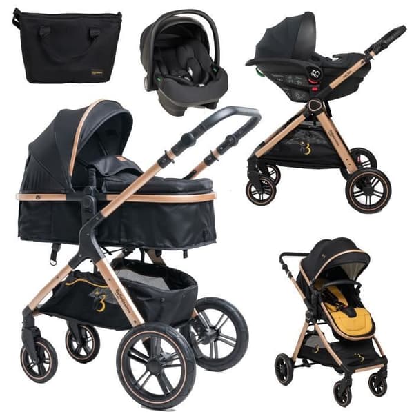 BEBELISSIMO - 3 i 1 trio kombinerad barnvagn - I-storlek 40-87cm bilbarnstol - liggdel - från födseln - upp till 22 kg - NYA Gold