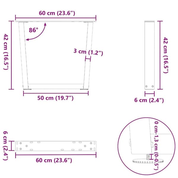 Matbordsben V-formade 2 st svart 60x(42-43,3) cm stål