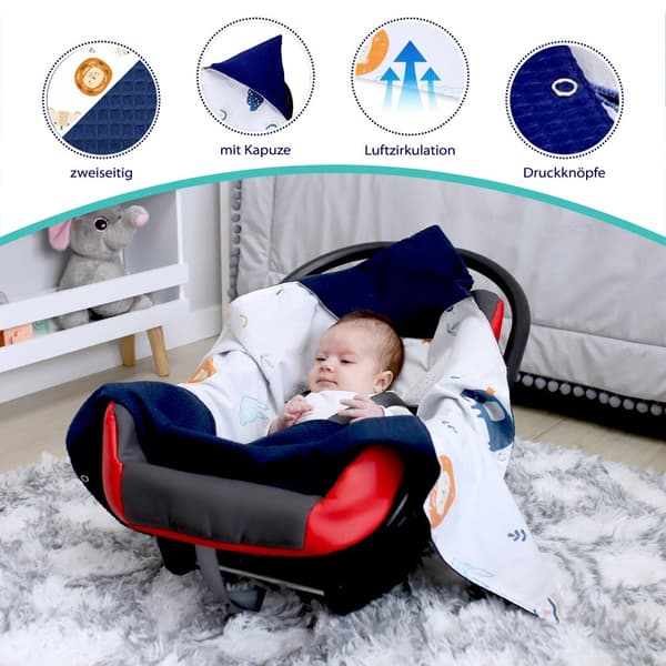 Wrap filt baby bilbarnstol - filt barnvagn 90x90 cm universal buggy bilbarnstol babyfilt sommarfilt med våffelpiké bomull regnbåge marinblå
