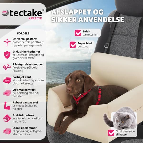 Bilsæde hund Milow, polstret, med sikkerhedsline - beige
