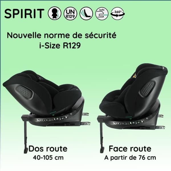 Isofix bilbarnstol NANIA SPIRIT 40-150 cm R129 0 till 10 år Bakåtvänd 40-105 cm Justerbart nackstöd Liggande Svängbar Svart