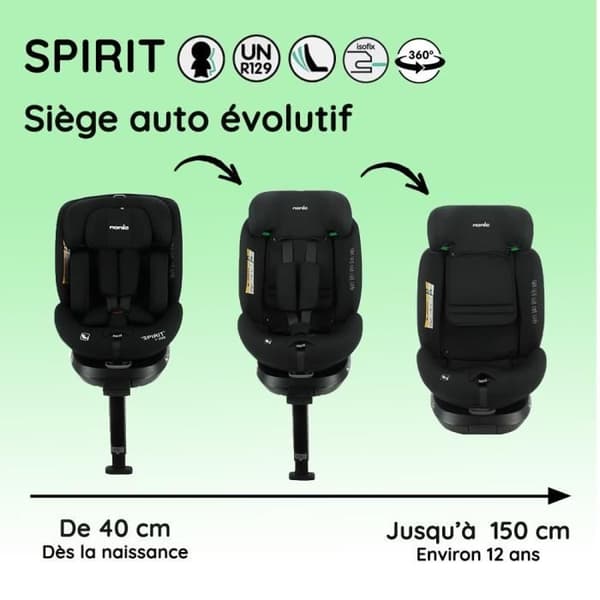 Isofix bilbarnstol NANIA SPIRIT 40-150 cm R129 0 till 10 år Bakåtvänd 40-105 cm Justerbart nackstöd Liggande Svängbar Svart