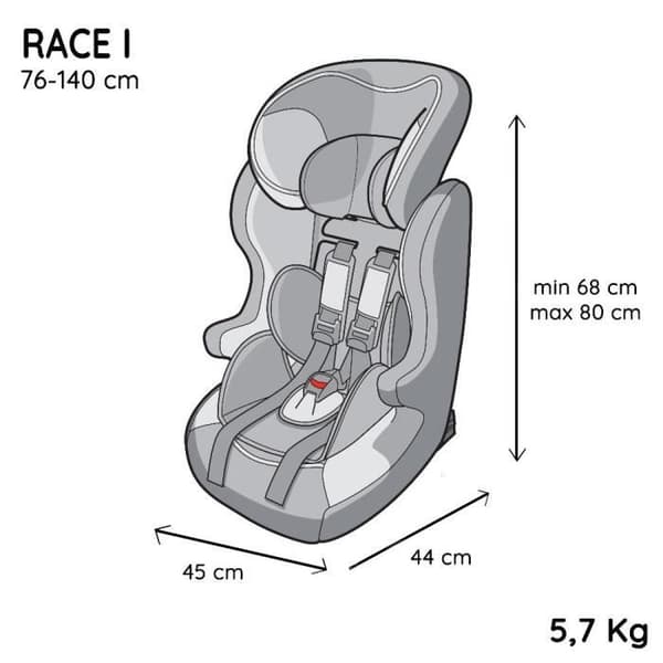 NANIA bilbarnstol RACE I, Grupp 1/2/3, från 3 till 10 år, 9-36 kg, 76-140 cm R129 – Justerbart nackstöd – Liggunderlag – Röd