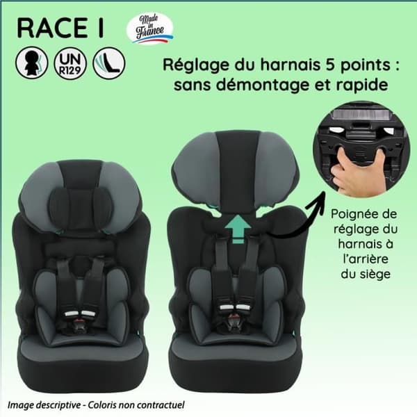 NANIA bilbarnstol RACE I, Grupp 1/2/3, från 3 till 10 år, 9-36 kg, 76-140 cm R129 – Justerbart nackstöd – Liggunderlag – Röd