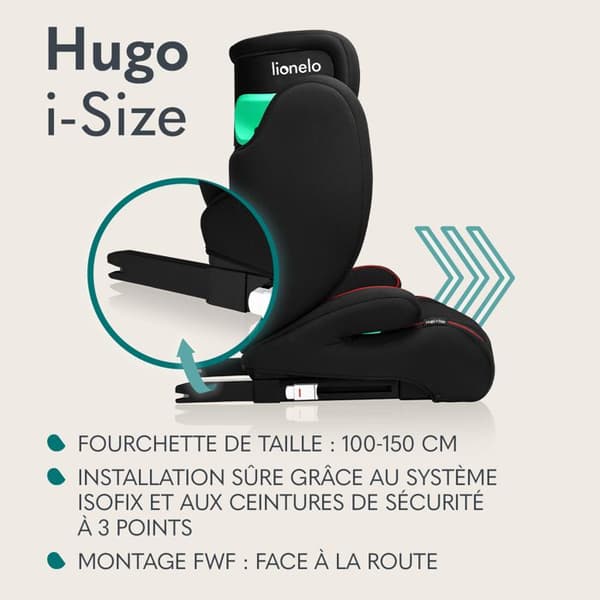 Bebisstol LIONELO Hugo i-Size - ISOFIX - 100-150 cm - Grupp 2/3 - Höjbara nackstödsdelar - Svart-Röd