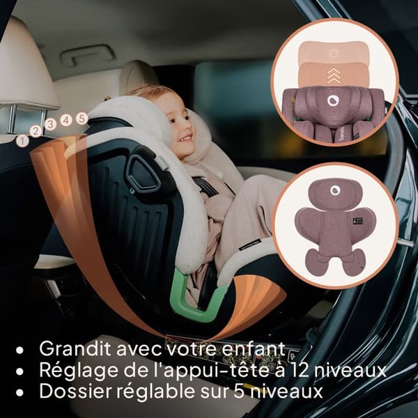 "Växande bilbarnstol 40-150 cm LIONELO Harmony iSize - Svängbar 360° - ISOFIX - 60% bambu - Grupp 0+/1/2/3 - Rosa"