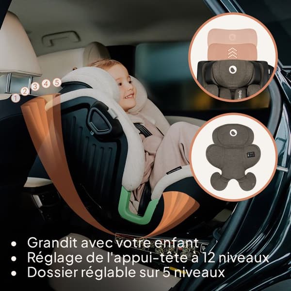 Evolutionsbart stol 40-150 cm LIONELO Harmony iSize - Rotera 360° - ISOFIX - 60% bambu - Grupp 0+/1/2/3 - Grön