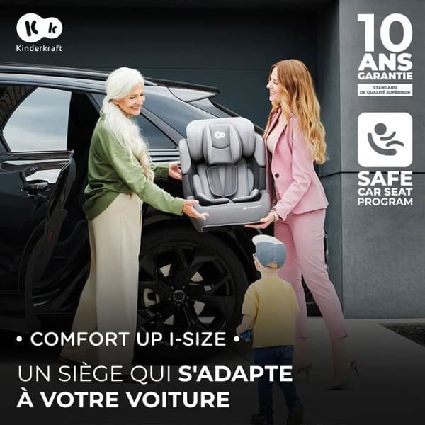 I-size bilbarnstol 76-150 cm - KINDERKRAFT COMFORT UP2 - Justerbart nackstöd - Snabb montering - 15 månader till 12 år - Grå